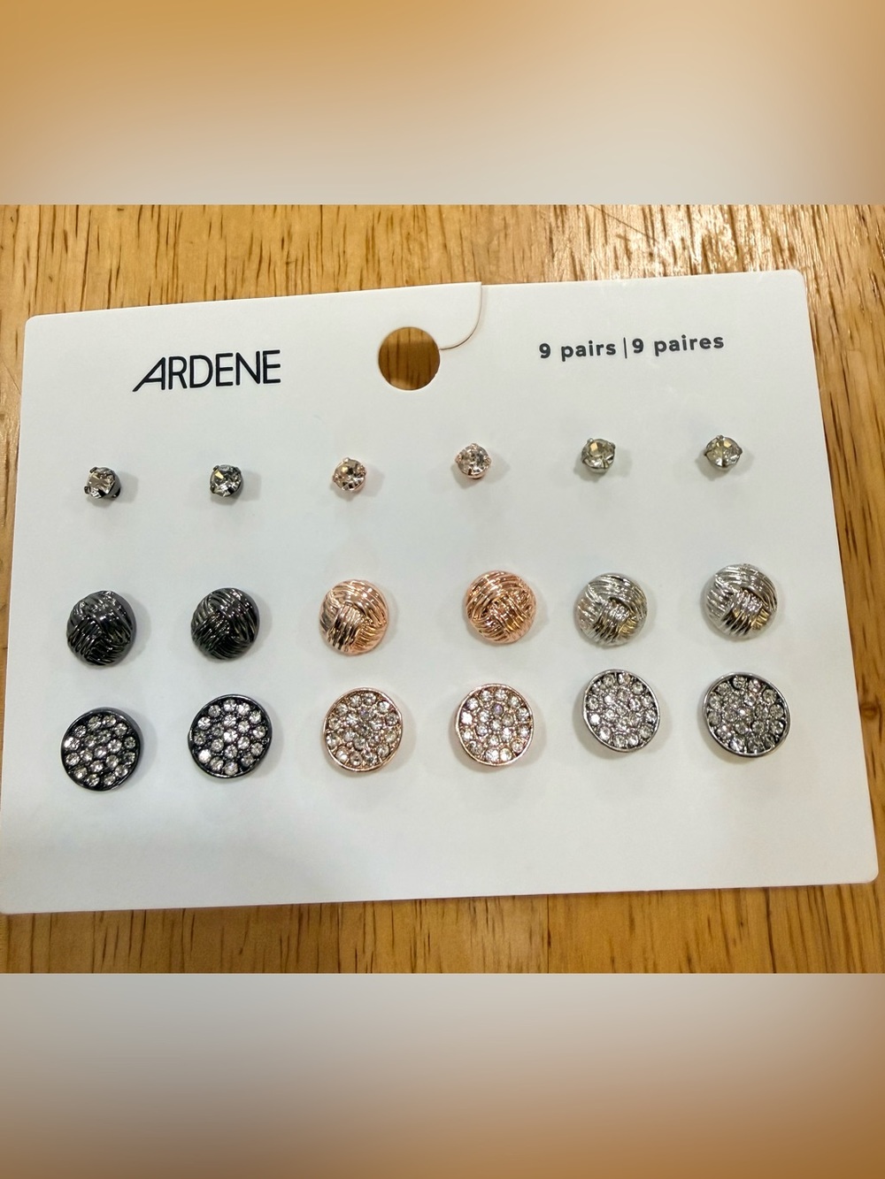 NWT Ardene 9 Pair Stud Earring Set Mixed Metals Crystal Rhinestone Pave